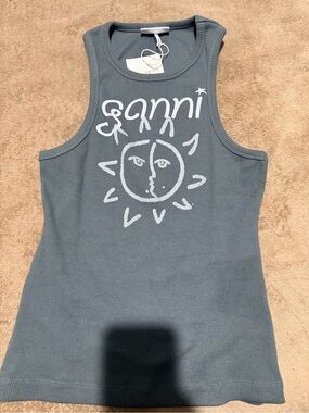 Ganni Women Gray Graphic Ribbed Tank Top